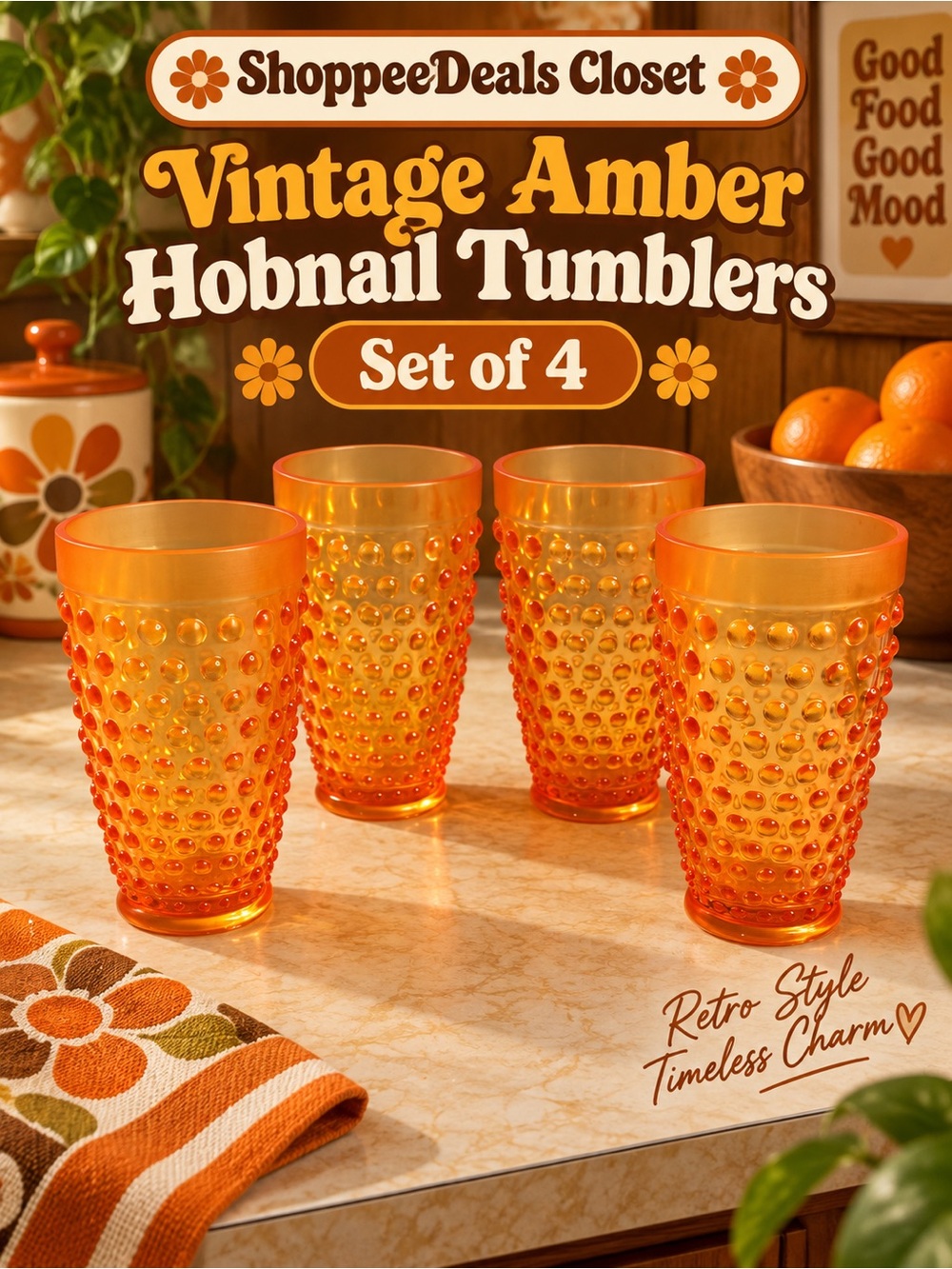 Vintage Amber Hobnail Tumblers Set of 4 Retro Orange Drinking Cups 1970s